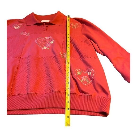 Alfred Dunner Red Sweater Top Sweatshirt XL Embroidered Heart Floral Collared - Picture 6 of 8